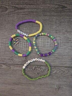Kids Mardi Gras Beaded Stretch Bracelet Set - Purple, Green & Yellow
